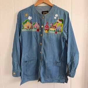 VTG BOB MACKIE Embroidered Small Town Long Sleeve Button Up Denim Shirt Sz Med